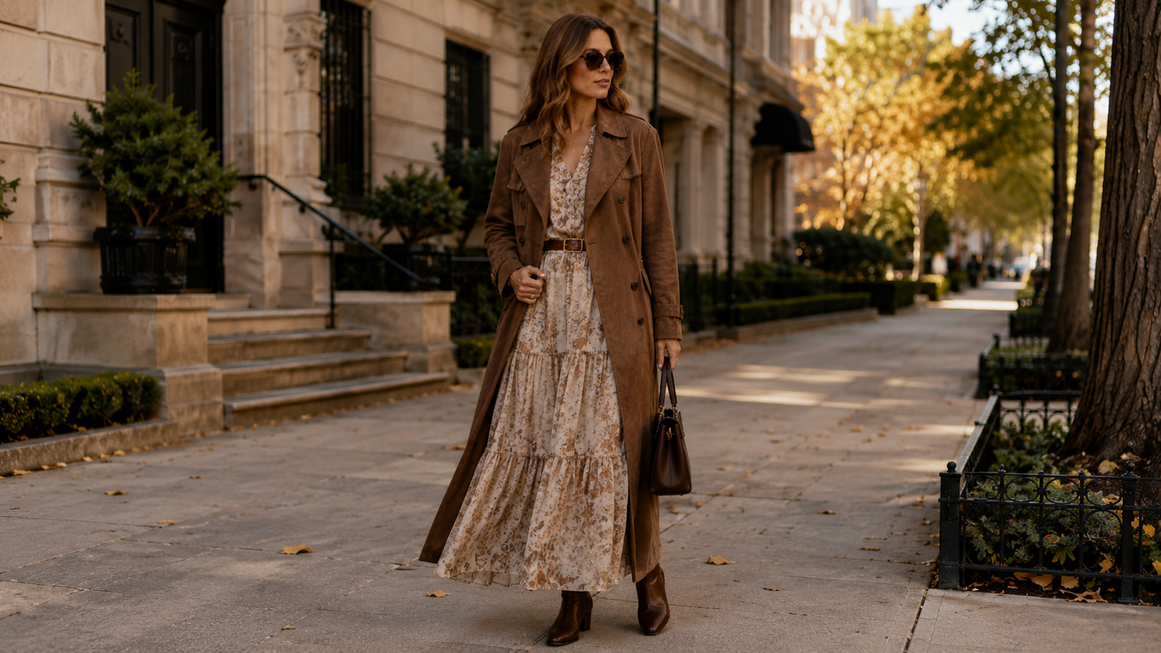 Earth-Tone Suede Trench Coat with Tiered Bohemian Maxi Dress Fall Outfit